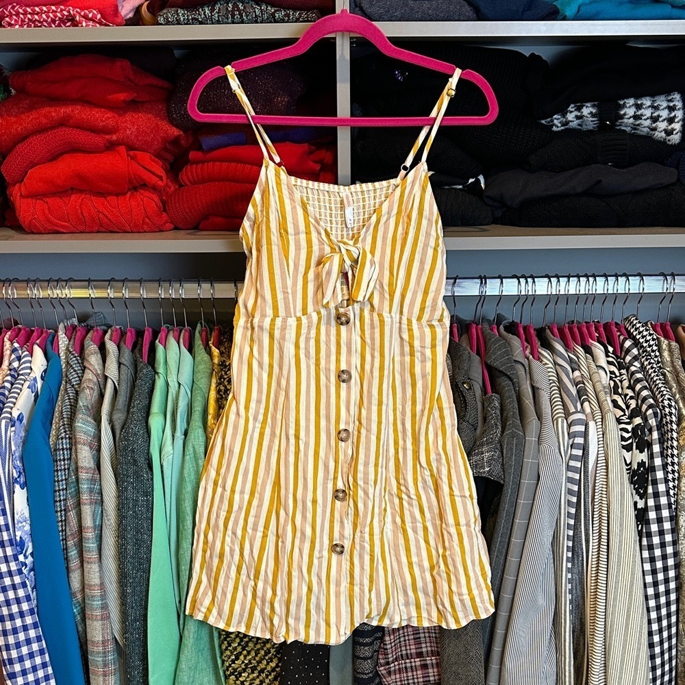 Xhilaration mustard/pink/white striped smocked back adjustable strap dress M NWT